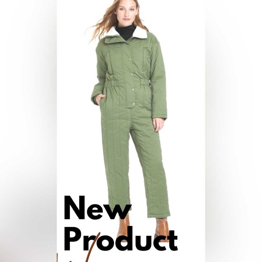 Green Quilted Snow Jumpsuit with White Fuzzy Collar